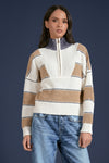Zip Up Mock Neck Sweater - Tan Stripe