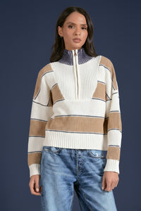 Zip Up Mock Neck Sweater - Tan Stripe