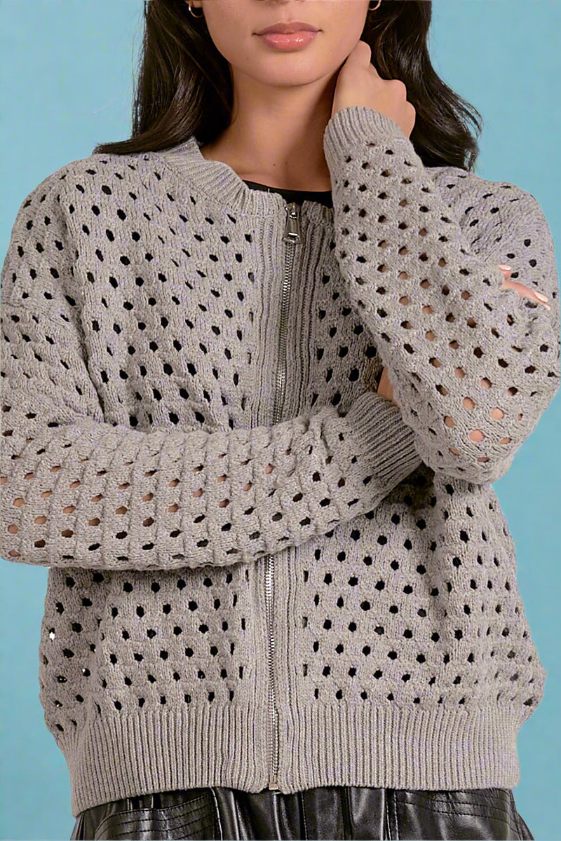 Open Knit Zip Up - Grey