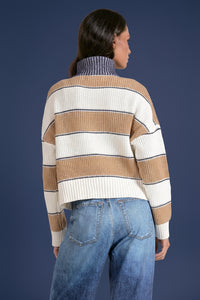 Zip Up Mock Neck Sweater - Tan Stripe