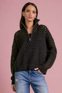 Open Knit Half Zip Sweater - Black