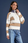 Zip Up Mock Neck Sweater - Tan Stripe