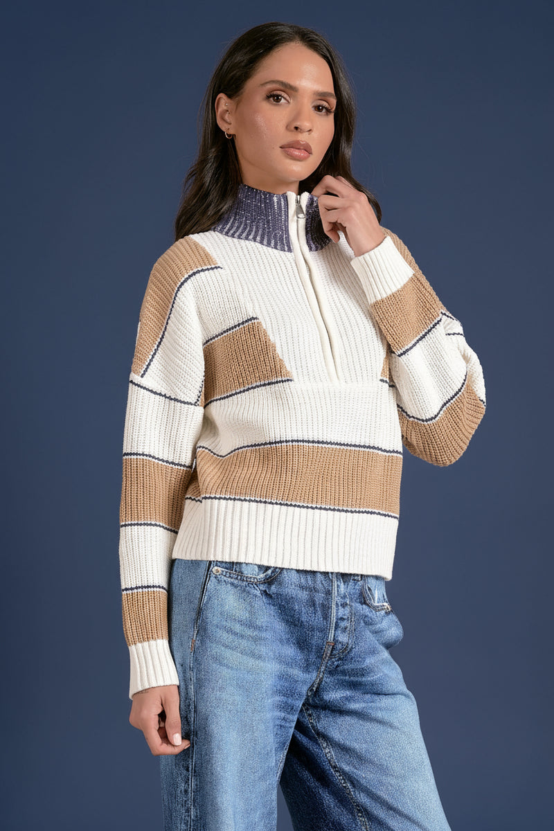 Zip Up Mock Neck Sweater - Tan Stripe