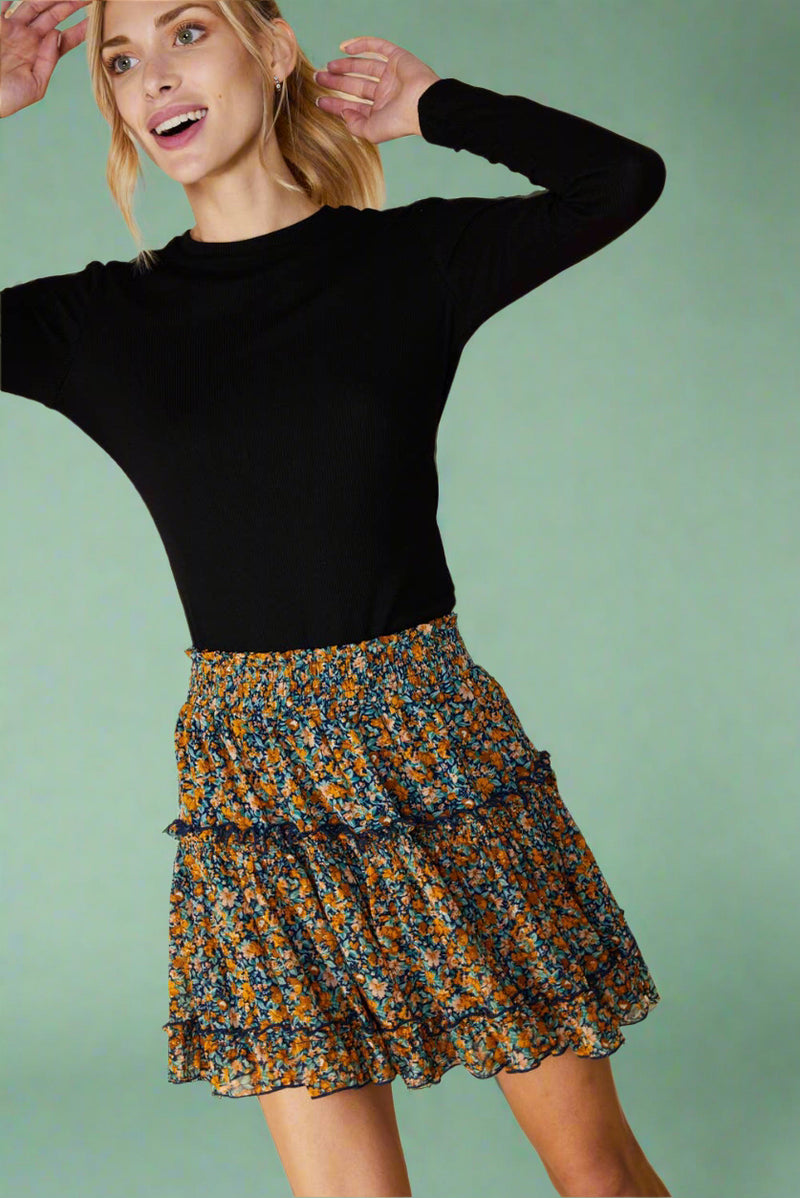 Floral Print Ruffled Mini Skirt With Lining - Navy