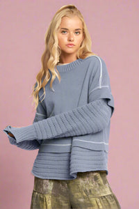 Chunky Layered Ribbed Knit Sweater - Blue