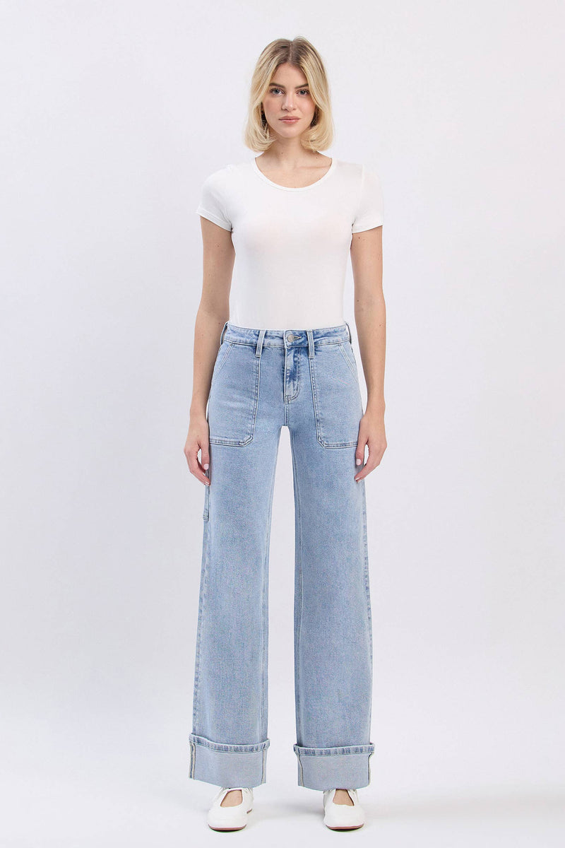 High Rise Carpenter Cuffed Wide Leg Jeans - LV1