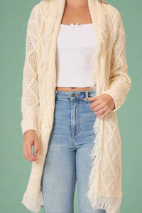 Cable Knit Fringe Hem Cardigan