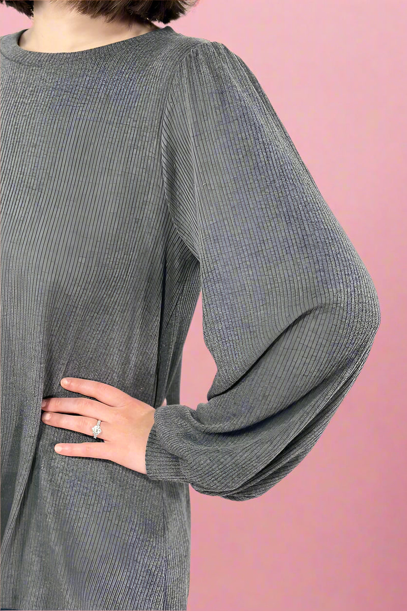 Bella Puff Sleeve Rib Top - Charcoal