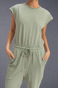 Short Sleeve Casual Jumpsuit - Sage