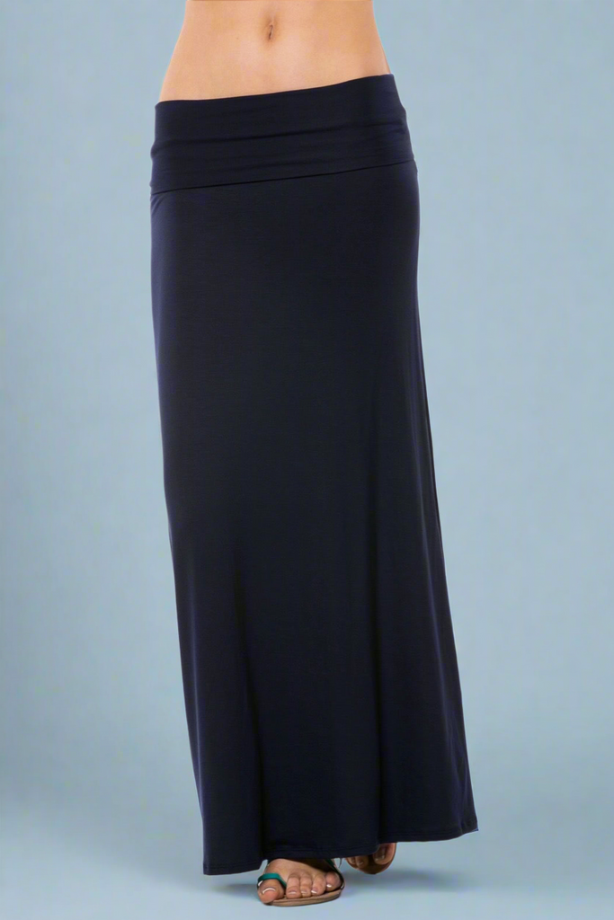 A women’s basic black stretchy maxi skirt with fold over waistband.