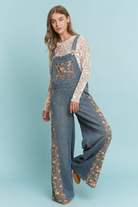 Denim Floral Contrast Wide Leg Overalls