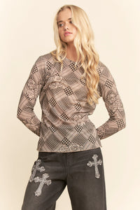 Floral Plaid Velvet Mesh Top - Taupe