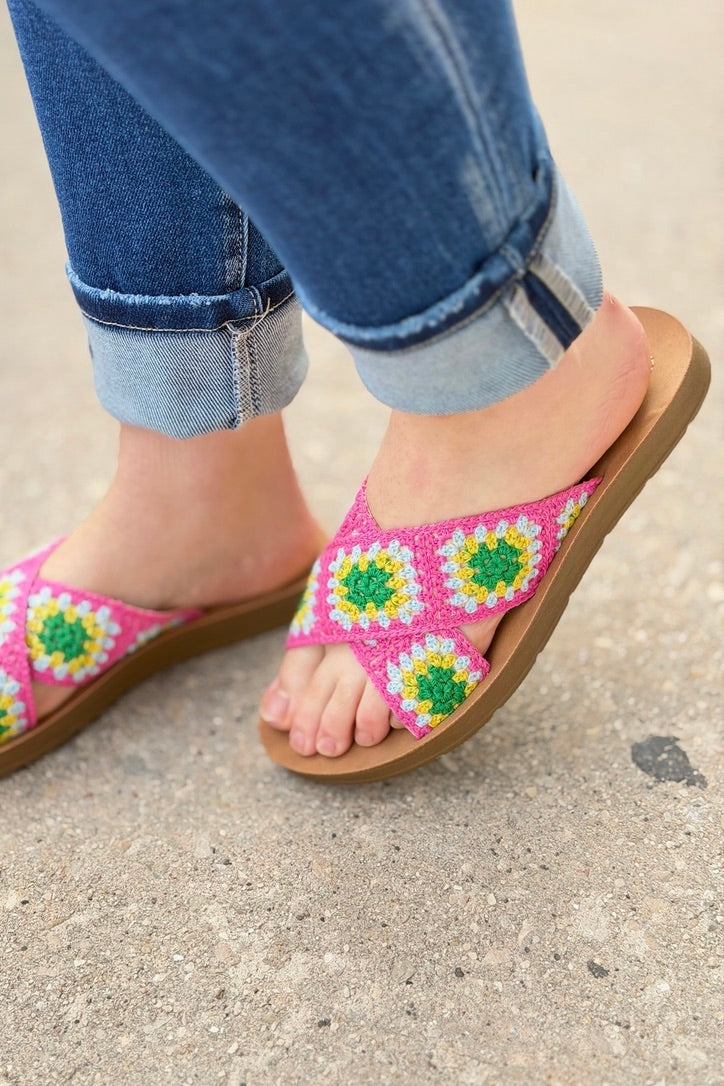 Granny Square Crochet Slides - Pink