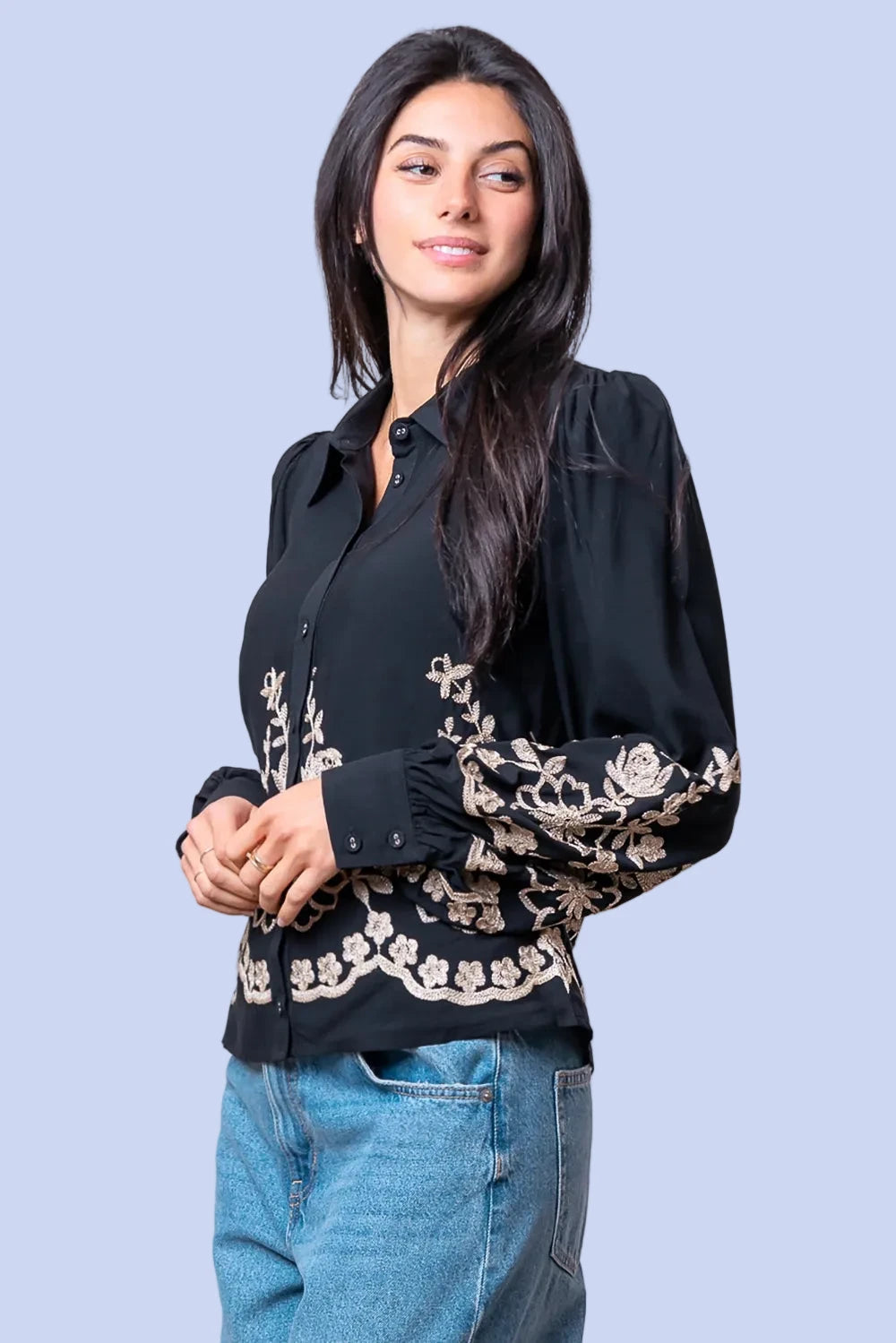Flower Embroidered Shirt - Black