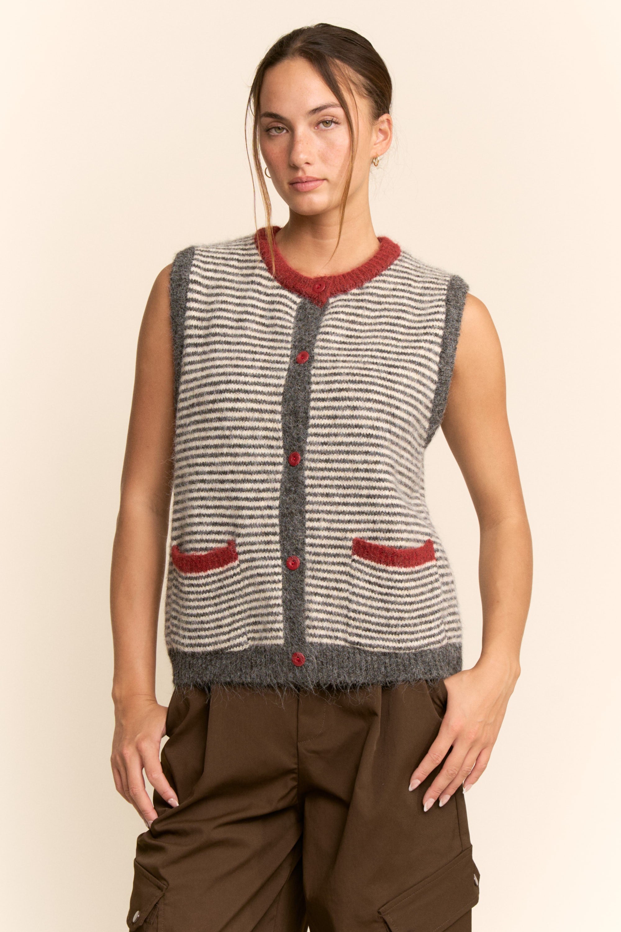 Striped Sweater Vest - Wine