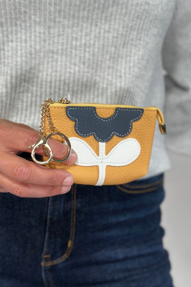 Flower Leather Coin Purse w/Keychain - Yellow