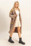 Striped Open Front Long Cardigan - Mocha