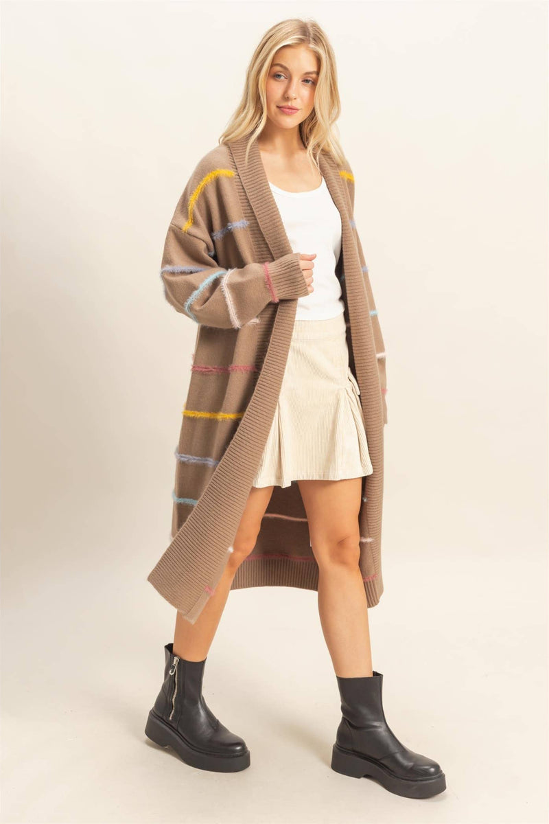 Striped Open Front Long Cardigan - Mocha