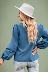V-Neck Button Detail Blouse - Blue