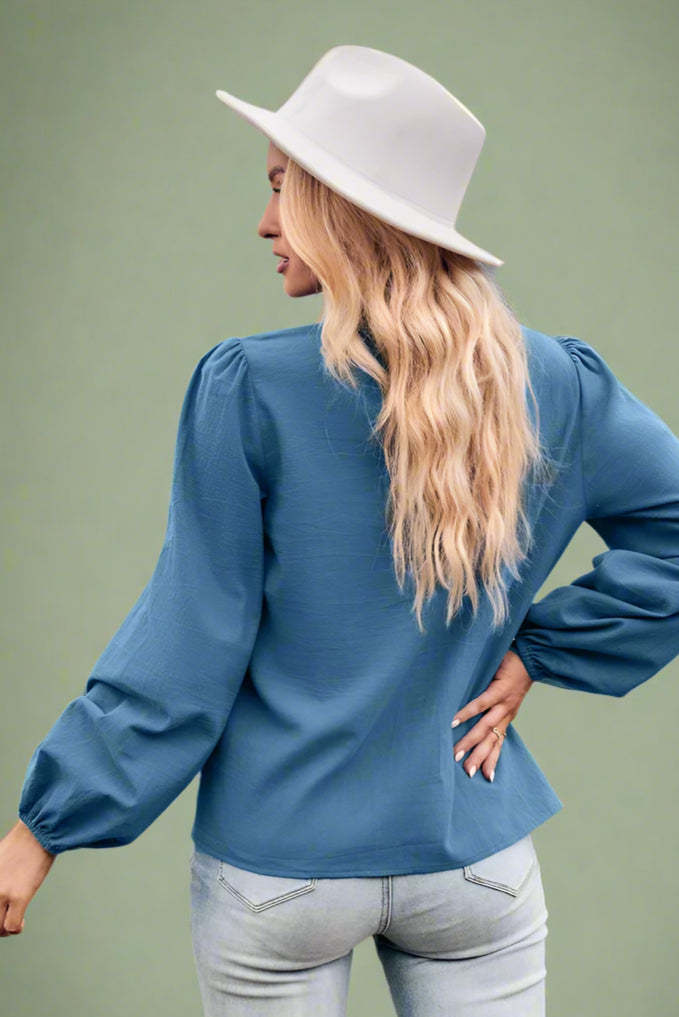 V-Neck Button Detail Blouse - Blue