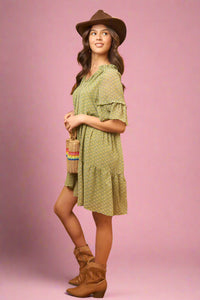 Floral Print V-Neck Mini Dress - Green