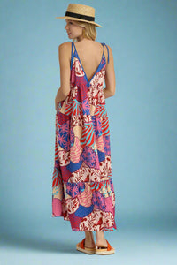 Mixed Print Spaghetti Tie Strap Dress Blue