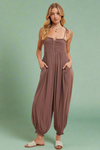 Smocked Button Front Jumpsuit - Mocha