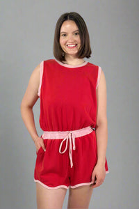 French Terry Sleeveless Romper - Red