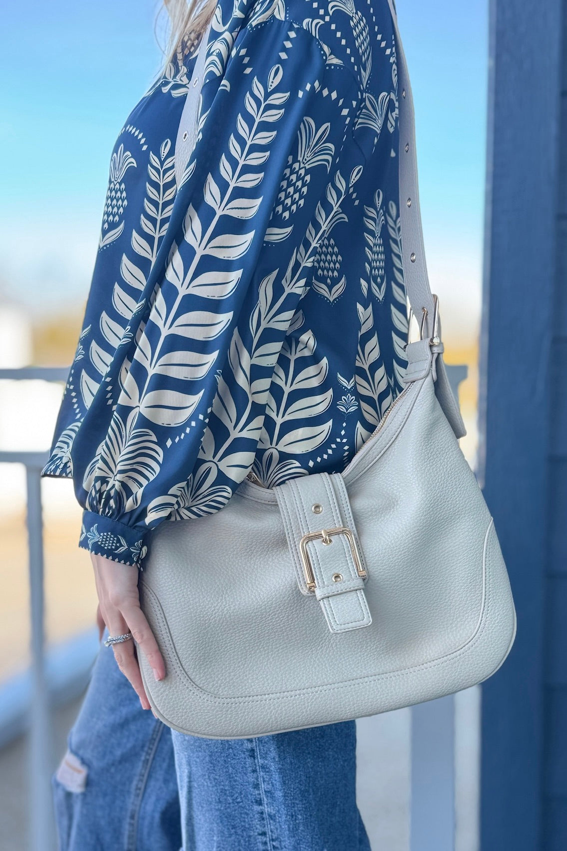 Marissa Buckle Shoulder Hobo Bag - Beige