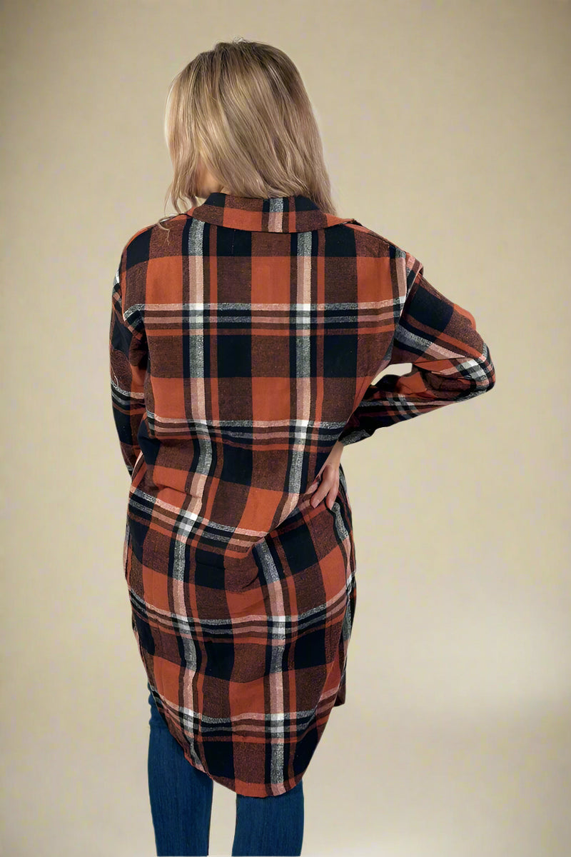 Rust, Black & Cream Plaid Long Flannel