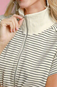 Striped Half Zip Romper - Cream