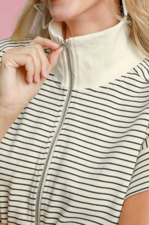 Striped Half Zip Romper - Cream