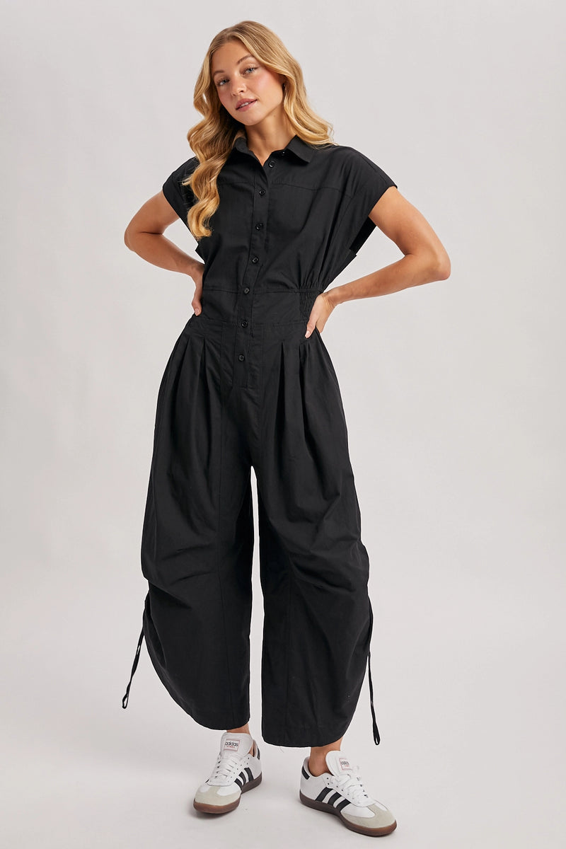 Button Down Utility Shirting Jumpsuit - Black