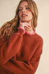 Puff Sleeve Sweater Contrast Stitch - Brown