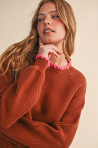 Puff Sleeve Sweater Contrast Stitch - Brown