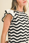 Wavy Stripes Flutter Sleeve Sweater Top - Black