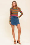 Ribbed Puff Sleeve Striped Top - Pink