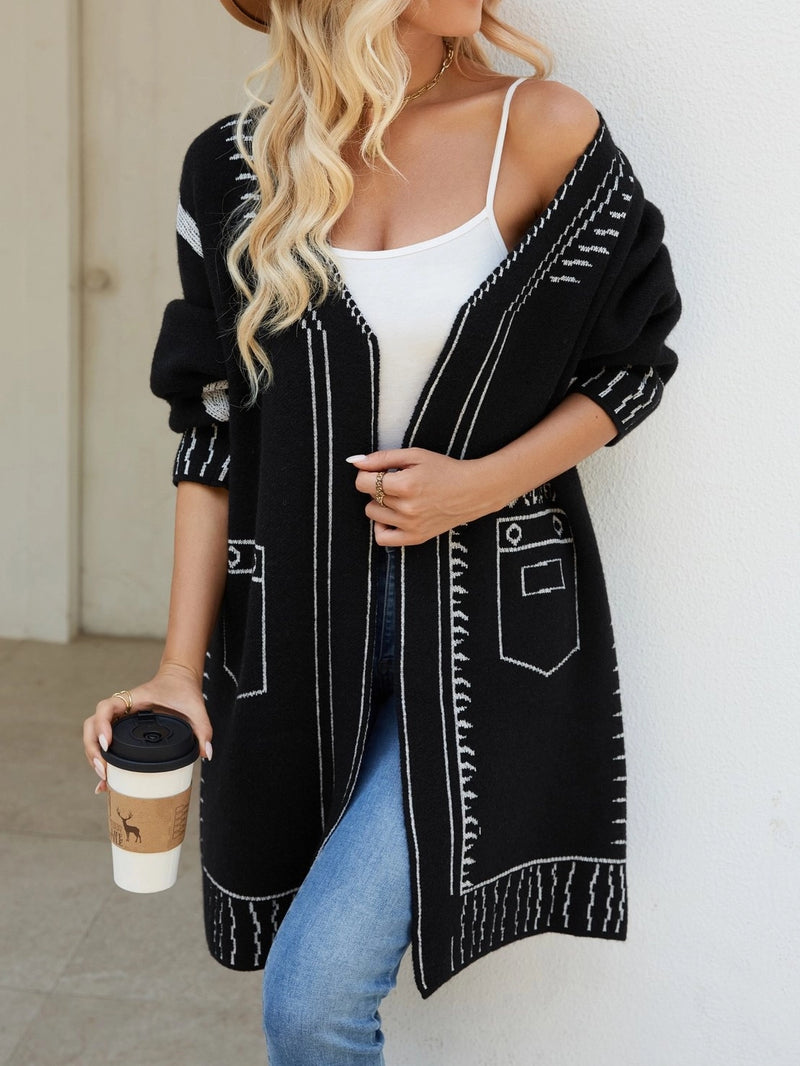 Cartoon Jacquard Long Cardigan - Black