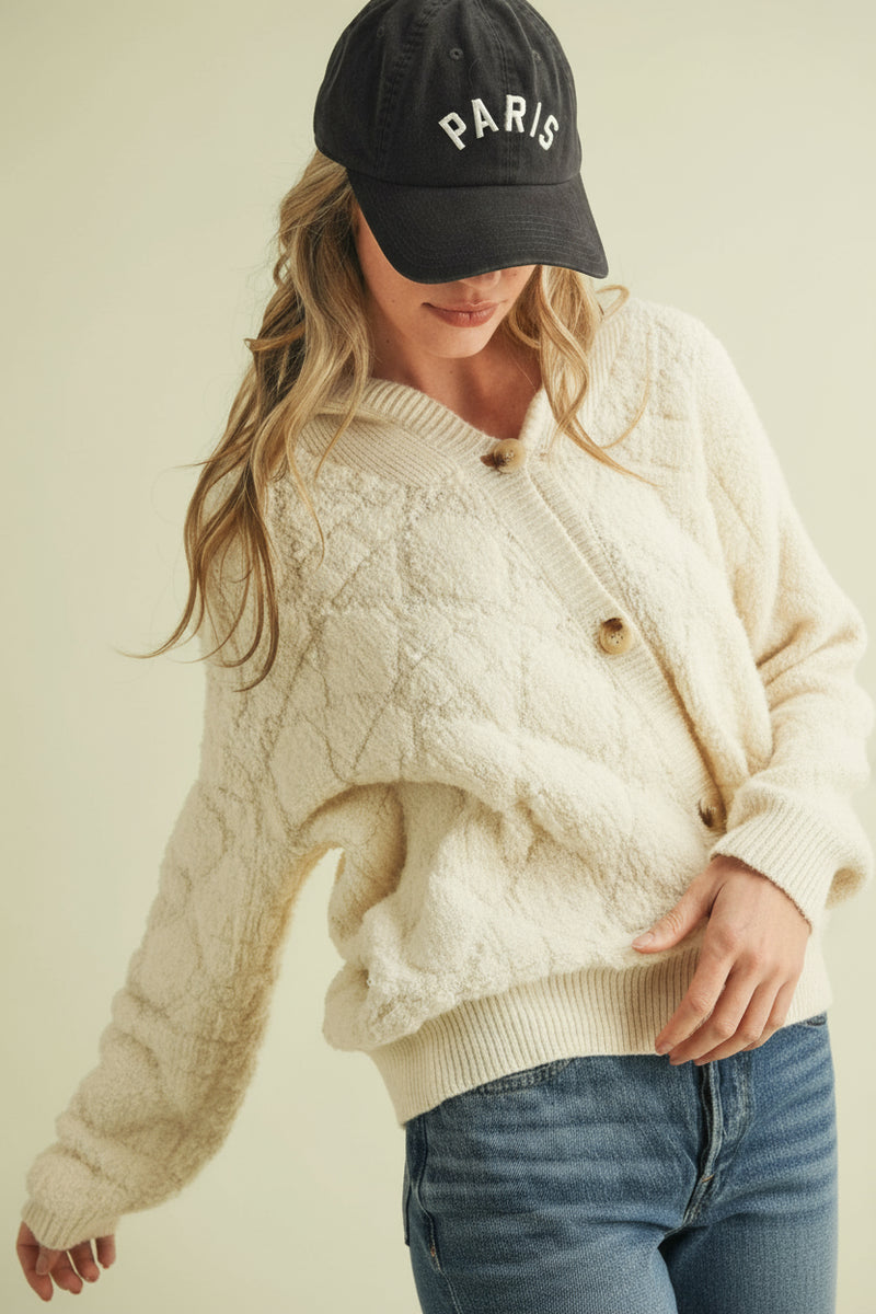 Fuzzy Knit Hoodie Cardigan - Ivory