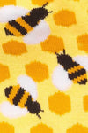 Pattern of bees and honeycomb on a yellow background