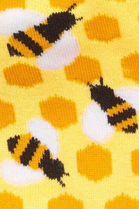 Pattern of bees and honeycomb on a yellow background