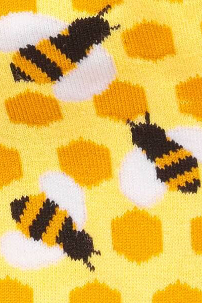 Pattern of bees and honeycomb on a yellow background