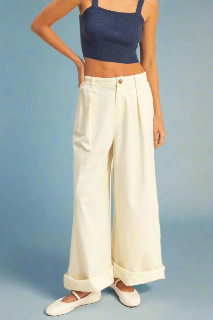 High Waist Wide Leg Pants - Cream