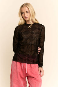 Floral Plaid Velvet Mesh Top - Black