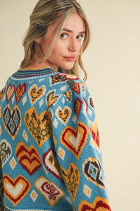 Heart Pattern Pullover Sweater - Blue