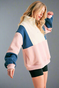 Retro Colorblock Pullover - Pink Blue
