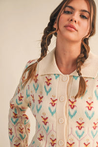 Floral Collared Sweater Cardigan - Ivory