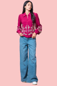 Flower Embroidered Shirt - Pink