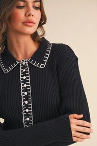 Collared Ribbed Sweater With Contrast Stitch
