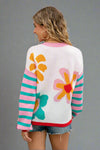 Multicolor Floral Striped Knit Sweater - Teal